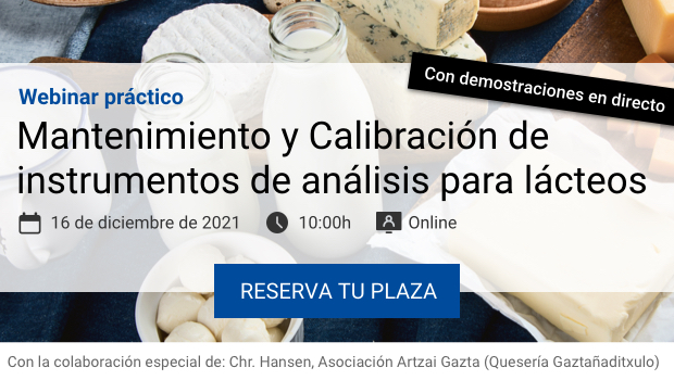Anuncio de webinar práctico sobre mantenimiento y calibración de instrumentos de análisis para lácteos, programado para el 16 de diciembre de 2021, con demostraciones en directo